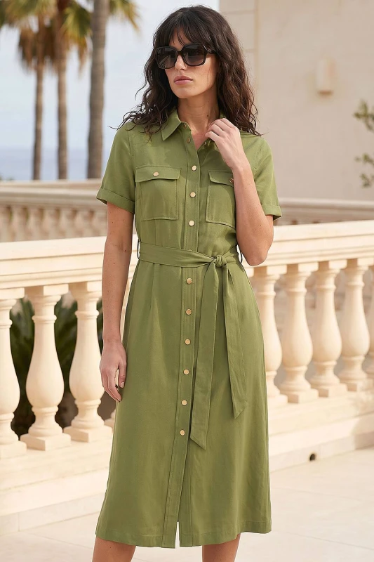 Image of Roman Womens Button Belted Collared Shirt Dress in Khaki Size: 12 Khaki Female 12