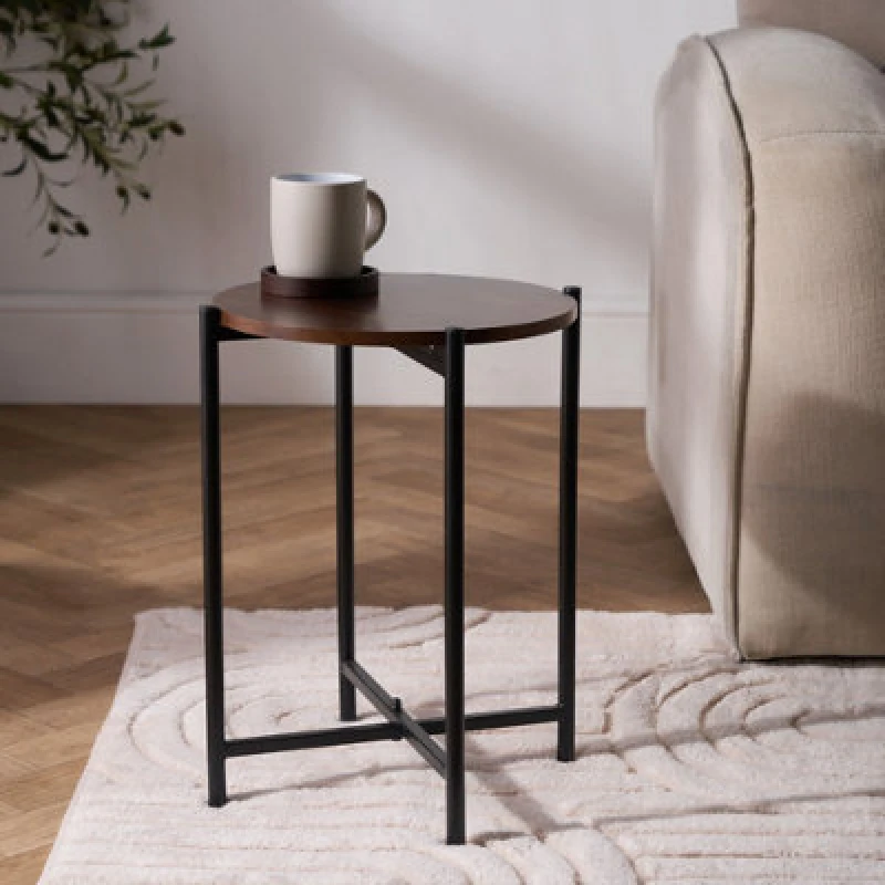 Image of OHS OHS Round Side Table Coffee End Tables Nightstand with Metal Frame in Brown Brown One Size Unisex 5027434229703