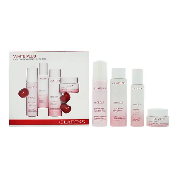 image of Clarins White Plus 4 Piece Gift Set: Mousse Cleanser 150ml -brightening Emulsion SPF 20 75ml - Revive Night Mask-gel 50ml - Brightening Lotion 200ml