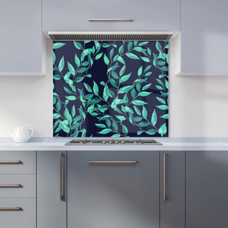 Image of Warren Reed - Designer Delicate Green Foliage Kitchen Splashback in Blue Size: 600mm x 750mm Blue Unisex 600mm x 750mm