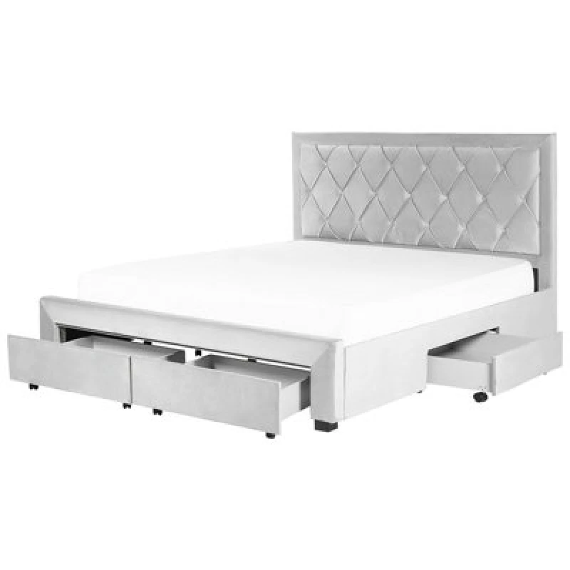 Image of Beliani Bed With Storage Drawers Velvet Lievin 180 X 200 Cm (Eu Super King) Light Grey