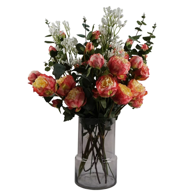 Image of Leaf 60cm Smoke Grey Vase Pink Peonies & Artificial Eucalyptus Pink Unisex