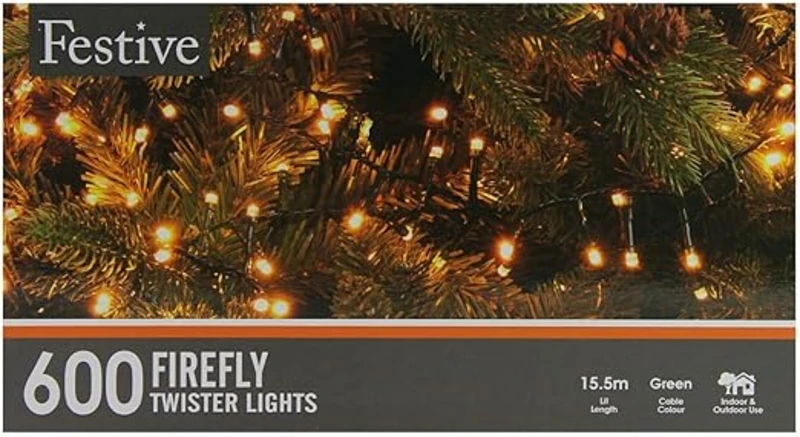 Image of Festive 15.5m Indoor & Outdoor Flickering Christmas Tree Fairy Lights 600 Warm White LEDs