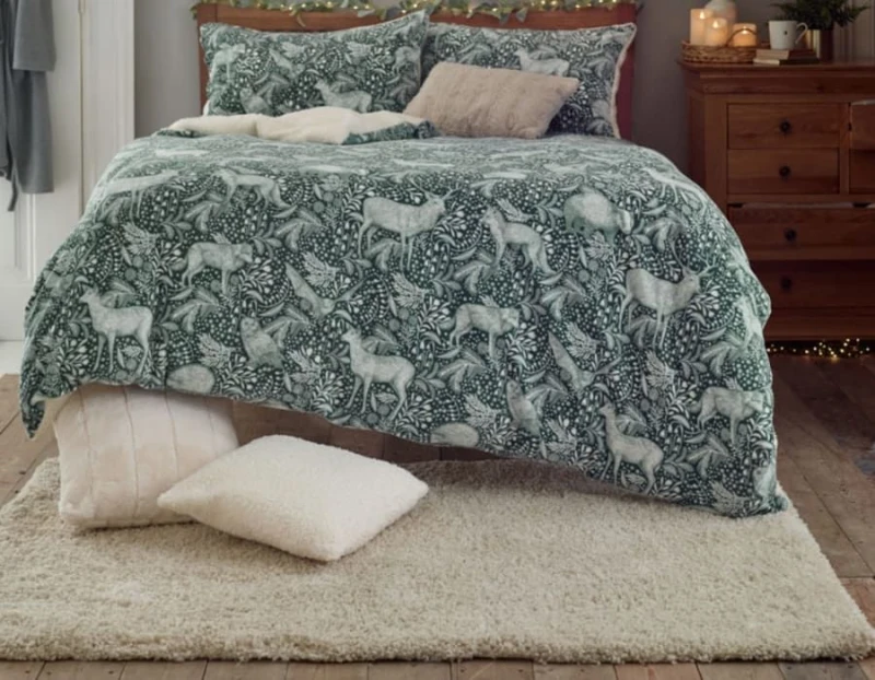 Image of Deyongs Woodland Folk Printed Soft & Breathable Cotton Rich Duvet Cover Set in Dark Green Size: Double Dark Green Unisex Double
