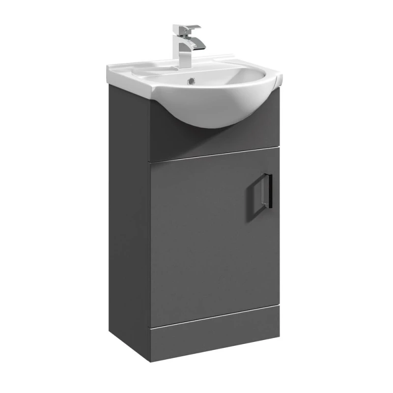 Image of Balterley Modern Floor Standing Bathroom Single Door Vanity And Round Basin Unit - 450mm, Satin Dark Grey, Soft Close Door