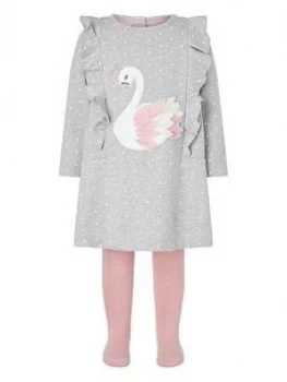 image of Monsoon Baby Girls Swan Sweat Dress & Tight - Grey, Size 3-6 Months