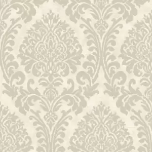 image of Grandeco Cream Chenille Textured Distressed Metallic Damask Wallpaper