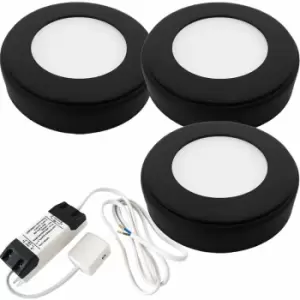 Image of 3x matt Black Round Surface or Flush Under Cabinet Kitchen Light & Driver Kit - Natural White led