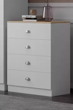 Image of 4 Drawer Chest Of Drawers Matt White Finish With Oak Top