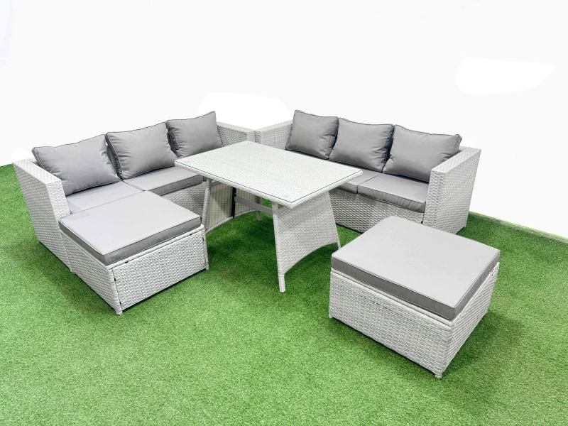 Image of Fimous 8-seater Patio Rectangular Table 3 Seater Sofa Set with 2 Big Stools in Light Grey Light Grey Unisex