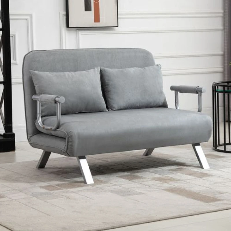 Image of HOMCOM Fabric Convertible 2 Seater Sofa Bed w/ 2 Pillows, Light Grey - Homcom 5056725588106