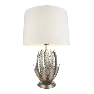 image of Delphine Decorative Silver Layered Leaf Table Lamp with Ivory Fabric Shades