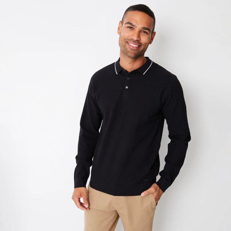 Image of Threadbare 'Moseley' Textured Knitted Long Sleeve Polo Jumper Black