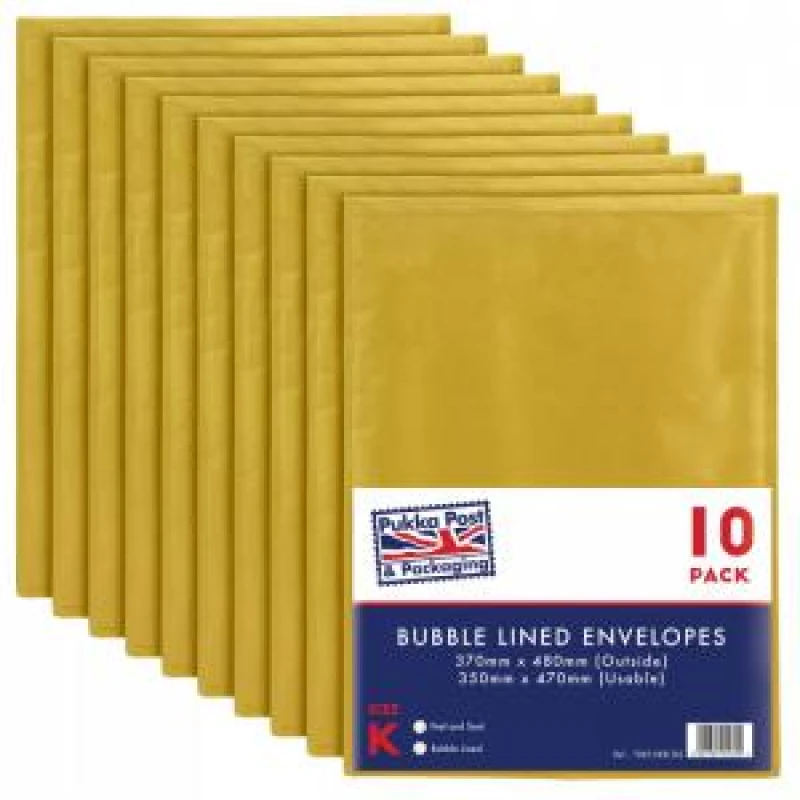Image of Pukka Post & Packaging Bubble Lined Envelopes Gold Peel and Seal Size K 370mmx480mm - 10 Pack (7069-ENV(10))
