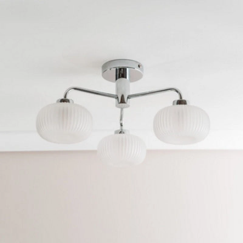 Image of ValueLights Amaia Chrome IP44 Rated 3 Way Frosted Ribbed Glass Ceiling Light with LED Bulbs Silver