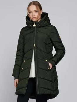 Image of Barbour International Braeside Faux Fur Lined Hood Quilted Coat - Green, Size 16, Women