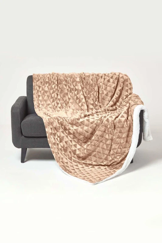 Image of HOMESCAPES HOMESCAPES Light Brown Geometric Triangle Velvet Throw 200 x 230cm SF2309C
