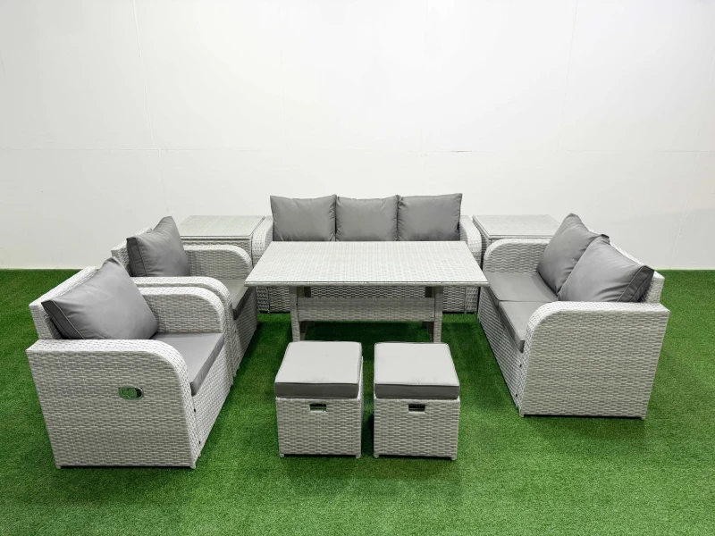 Image of Fimous PE Rattan Garden Furniture Set Reclining Chair Sofa Double Love Seat 2 Seater Sofa Lounge Set Rectangular Dining Table 2 Stools 2 Side Table Li