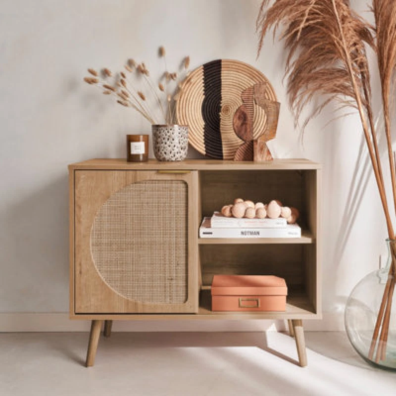 Image of sweeek 80cm Wood And Rounded Cane Rattan Sideboard Light Brown