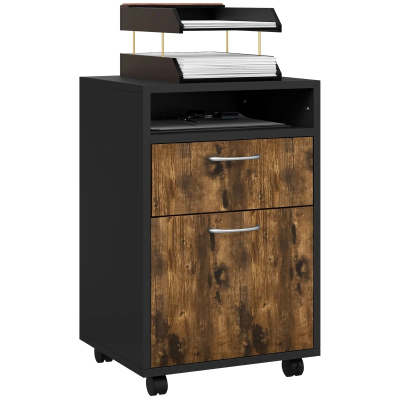 Image of HOMCOM 60cm Storage Cabinet Drawer Open Shelf Metal Handles 4 Wheels Office Brown