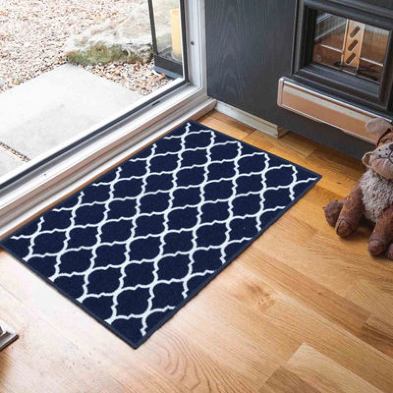 Image of Machine Washable Trellis Design Anti Slip Doormats Navy 40X60 Cm