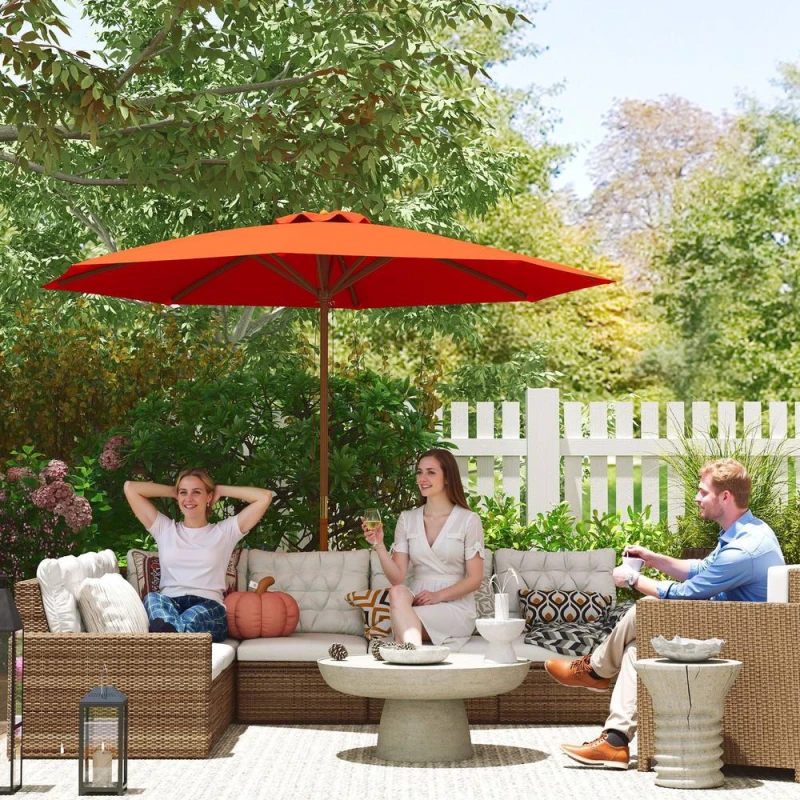 Image of OUTSUNNY Wooden Garden Parasol with Rope Pulley Mechanism & 8 Ribs Orange Orange Unisex