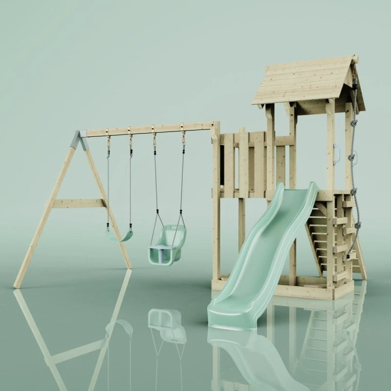 Image of OutdoorToys PolarPlay Balcony Tower Kids Wooden Climbing Frame for Kids - Swing Hagen Sage in Beige Beige Unisex
