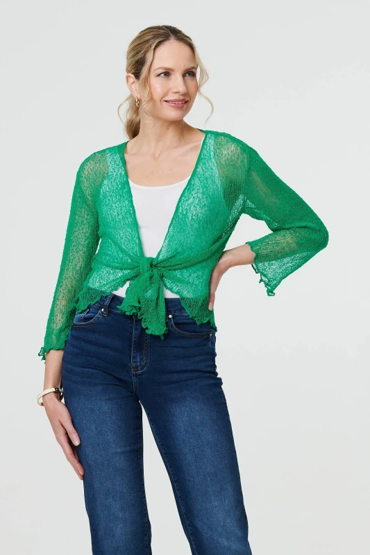 Image of Izabel London Womens Sheer 3/4 Sleeve Open Front Cardigan in Dark Green Dark Green Female One Size