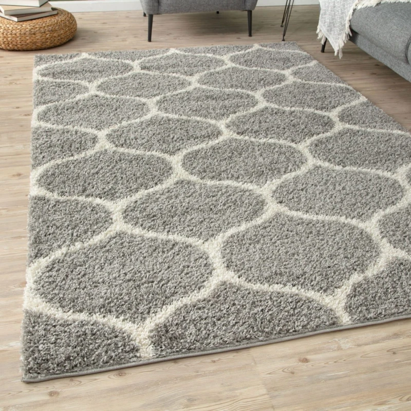 Image of THE RUGS Soft Trellis Shaggy Rugs & Runners Grey & Ivory Living Room Size: 80cm x 300cm Grey Unisex 80cm x 300 cm