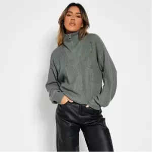Image of I Saw It First Half Zip Funnel Neck Rib Knit Jumper - Green