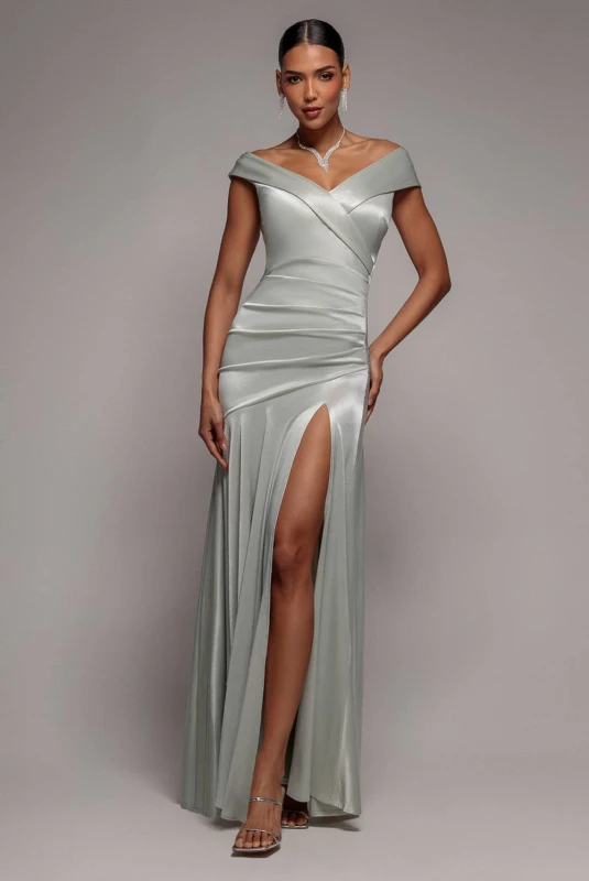 Image of Goddiva Womens Satin Off-Shoulder Pleated Maxi Dress in Light Green Size: 10 Light Green Female 10
