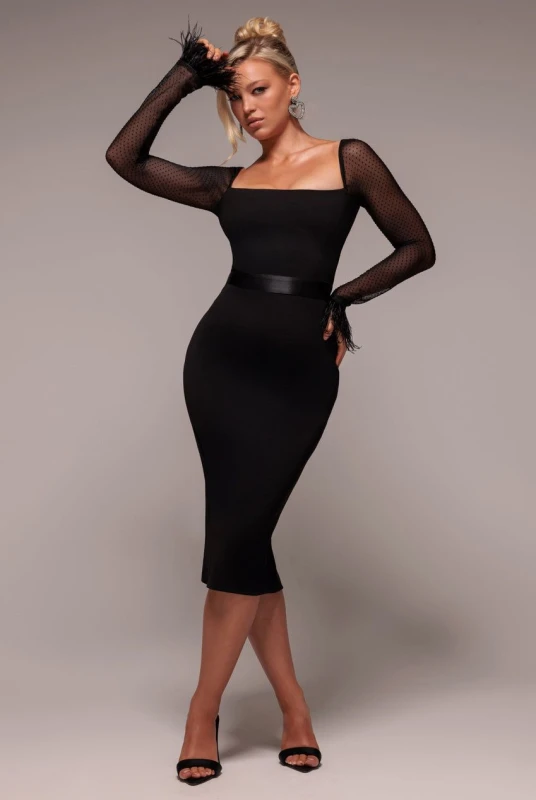 Image of Goddiva Womens Dobby Mesh Feather Sleeve Bodycon Midi Dress in Black Size: 16 Black Female 16