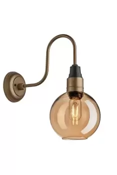 image of Swan Neck Tinted Glass Globe Wall Light, 7 Inch, Amber, Brass Holder