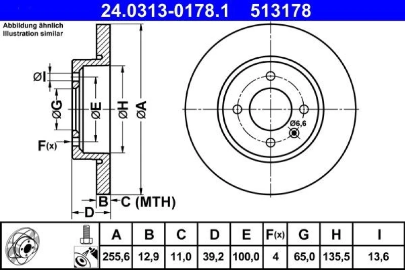Image of ATE 24.0313-0178.1 Brake disc solid, Coated, with bolts/screws Brake Disc (82)