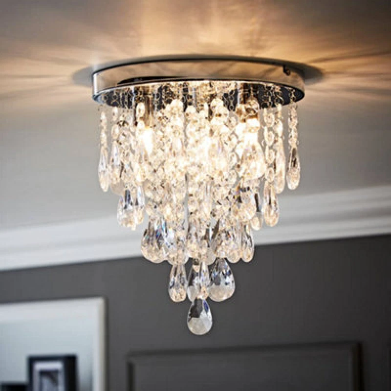 Image of ValueLights Lara Chrome Flush Chandelier Style Acrylic Droplet Ceiling Light Silver