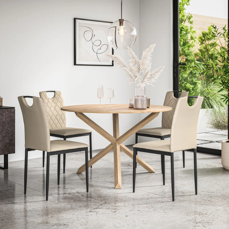 Image of More4Homes Malvern Round Dining Table & Chairs - Oak Table Top w Solid Oak Legs + Monza Faux Leather Dining Chair Set Of 4 in Beige Beige Unisex