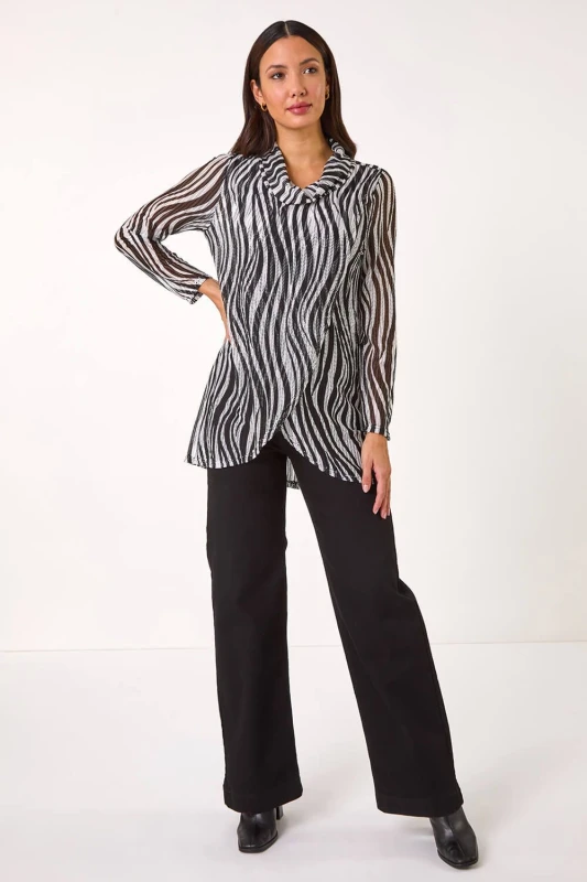 Image of Roman Womens Wavy Linear Print Cowl Neck Tunic in Black Size: 16 Black Female 16
