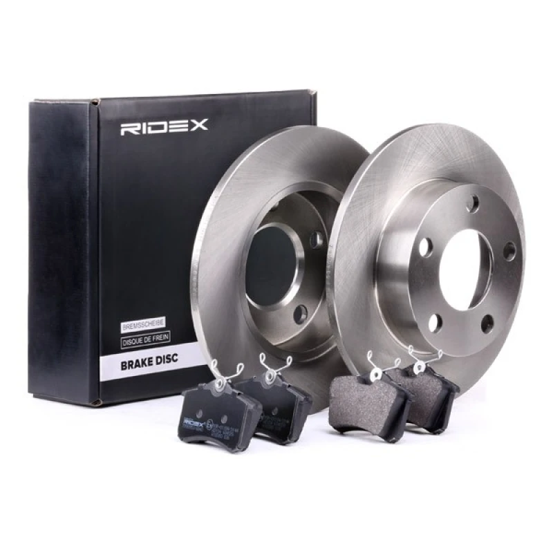 Image of RIDEX 3405B0052 Brake disc and pads set Rear Axle, Brake Disc Type: Solid Brake Set,disc brakes (3405)