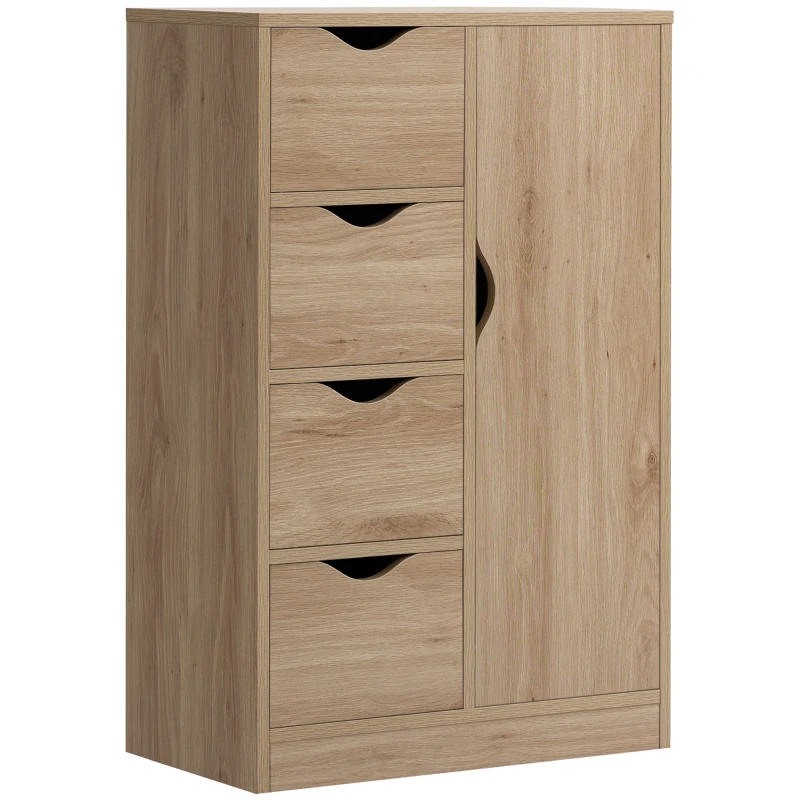 Image of HOMCOM Bathroom Cabinet, Freestanding Storage Cabinet with 4 Drawers, Door Cupboard for Living Room, Kitchen, Bedroom, Natural