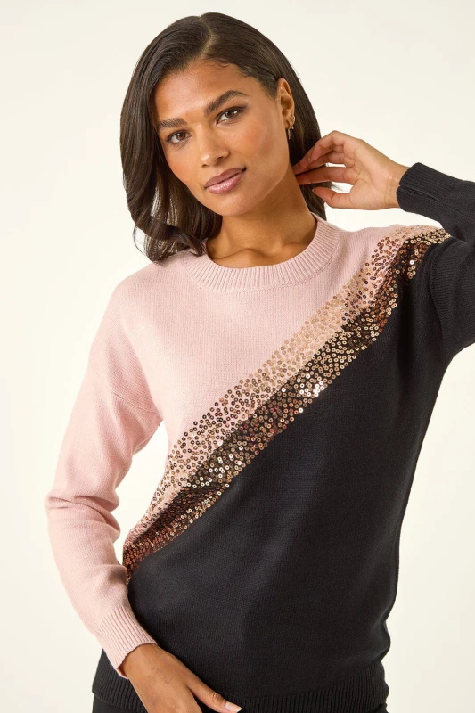 Image of Roman Sequin Embellished Colourblock Jumper Black