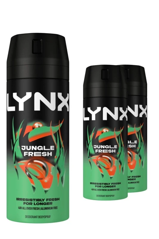 Image of Lynx Mens Body Spray Jungle Fresh 48H HD Fragrance Deodorant 150ml 3 Pack in Black Male