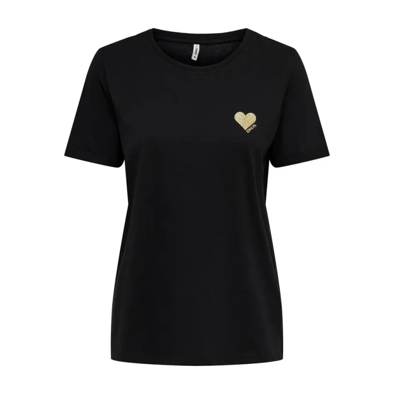 Image of Only Small Heart Print T-Shirt Black Cotton XL