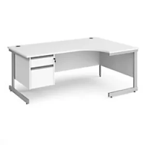 image of Dams International Right Hand Ergonomic Desk with White MFC Top and Silver Frame Cantilever Legs and 2 Lockable Drawer Pedestal Contract 25 1800 x 120