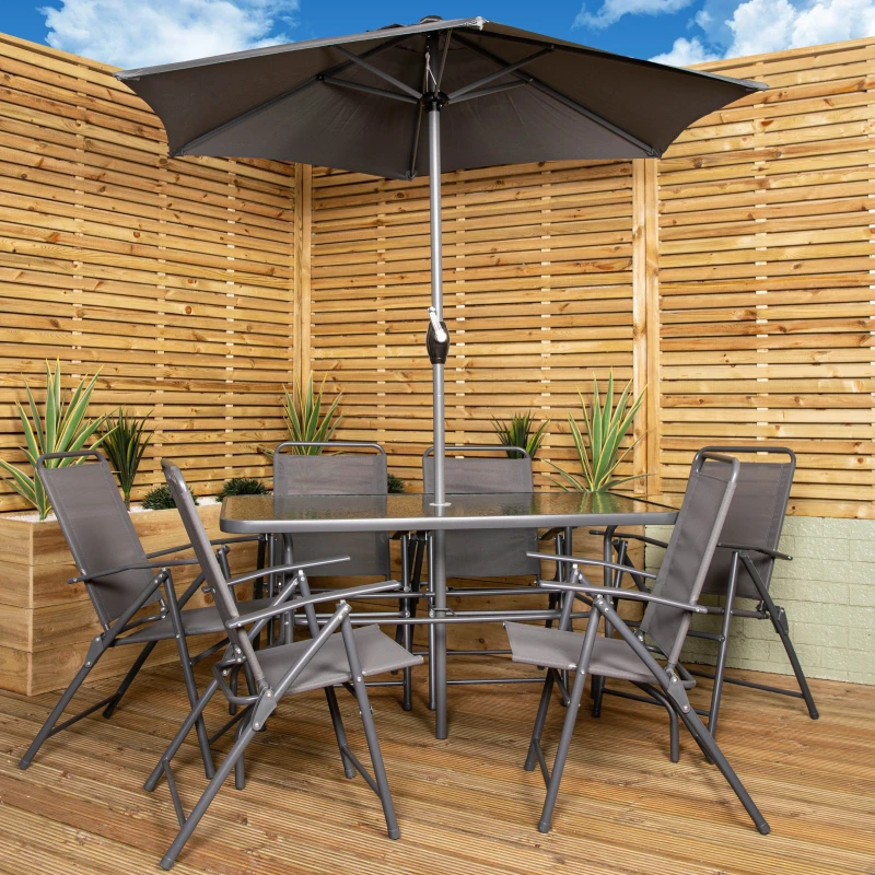 Image of Samuel Alexander Outdoor 6 Seater Glass Top Table and Chairs Patio Set with Parasol in Grey