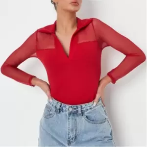 image of Missguided Crepe Mesh Polo Neck Bodysuit - Red