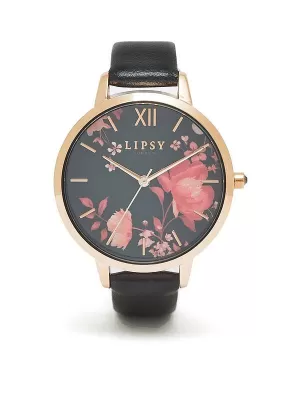 image of Lipsy Black Strap Watch with Floral Dial