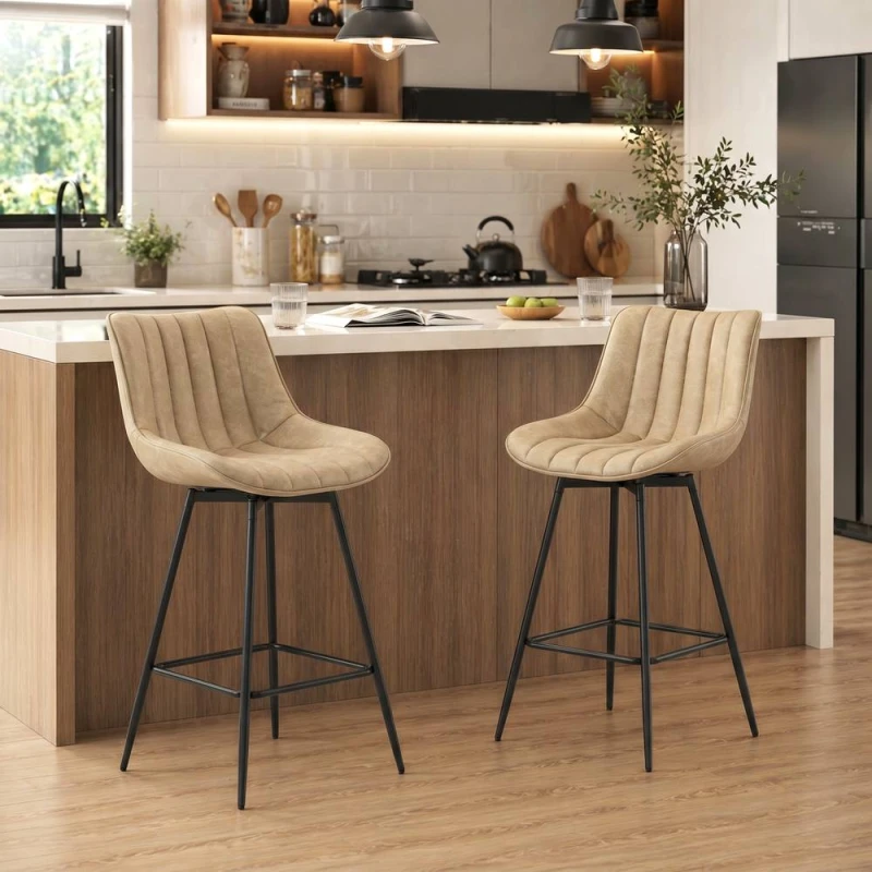 Image of HOMCOM Swivel Bar Stools Set of 2, PU Leather Upholstery, Light Brown Light Brown Unisex