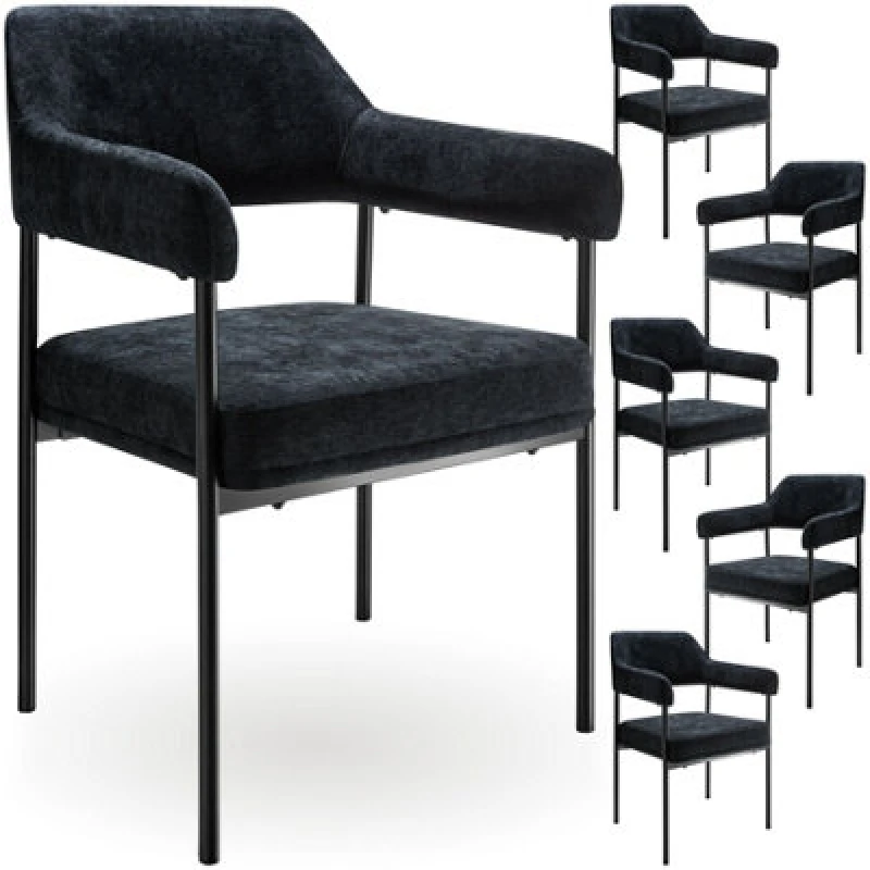 Image of Tectake Set Of 6 Armchair Doe - Durable Fabric, Black Powder-Coated Legs, 120 Kg Load, 58 X 62 X 85cm - Woven Fabric Black/black