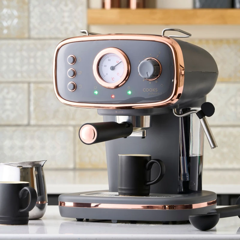 Image of Cooks Professional Coffee Machine Espresso Maker Caffe Barista Pro 15-Bar Pump Frothing Wand Grey/Copper Copper