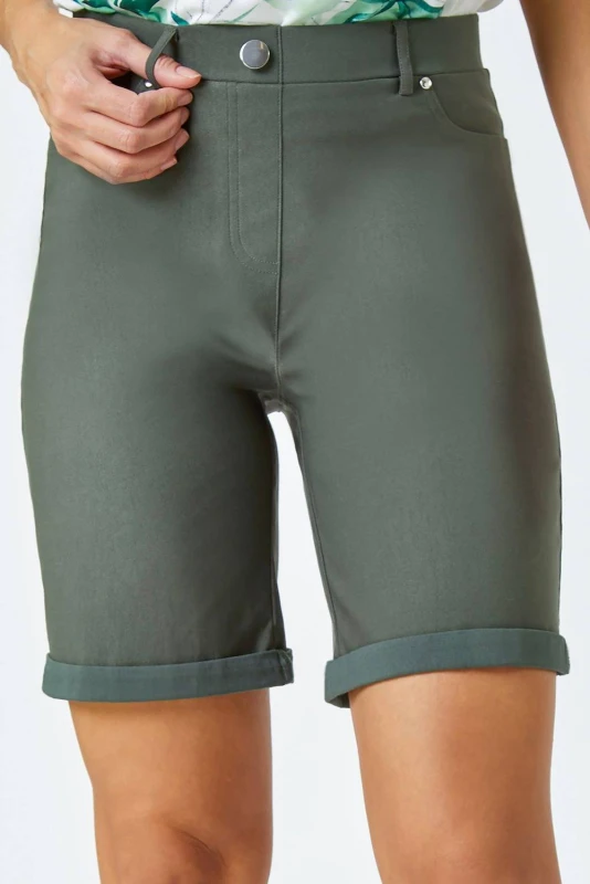Image of Roman Womens Elastic Waist Turn Up Stretch Shorts in Green Size: 12 Green Female 12